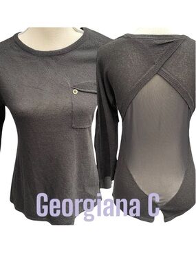 Georgiana C Black Crew Neck Sheer Back 3/4 Sleeve Knit Top (S)